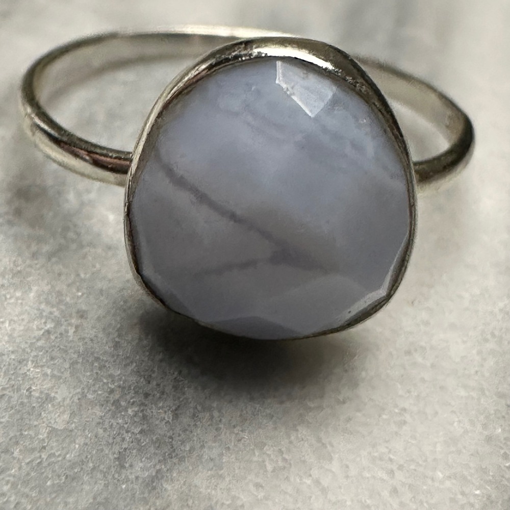 925 Sterling Silver‎ Blue Lace Agate Faceted Bezel Ring Size 9.5 Minimalist Boho